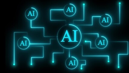 Wall Mural - Artificial intelligence (AI) and machine learning concept. Abstract technology background.Neon AI Circuit Board Technology Background Animation. Artificial Intelligence Chip with Glowing .4k