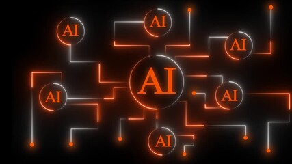 Wall Mural - Artificial intelligence (AI) and machine learning concept. Abstract technology background.Neon AI Circuit Board Technology Background Animation. Artificial Intelligence Chip with Glowing .4k