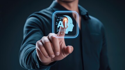 Dynamic AI technology concept with man touching holographic interface for modern business solutions