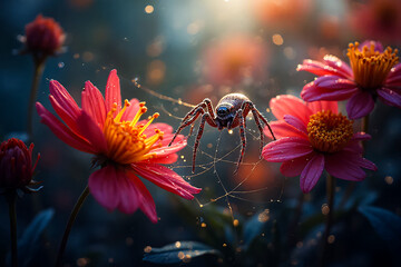Macro Photograph Of A Spider On A Web Between Vibrant Pink Flowers With Soft Bokeh Background And Sunlit Atmosphere