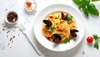 © Haro - A plate of delicious spaghetti with shrimp and mussels, garnished with fresh parsley, sits on a white surface, illuminated by natural light.