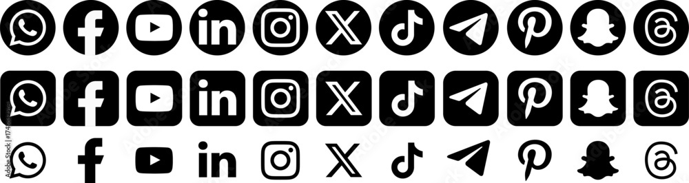 Black and white social media icon set, multiple logo styles of popular ...