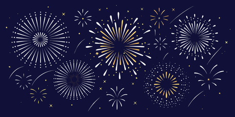 Festive celebration with exploding fireworks and sparkling stars on a dark blue background