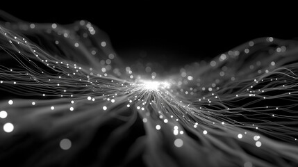 Wall Mural - Digital Abstract of Light: A mesmerizing display of interconnected light streams against a dark backdrop, symbolizing the intricate web of data, connection, and technological advancements.