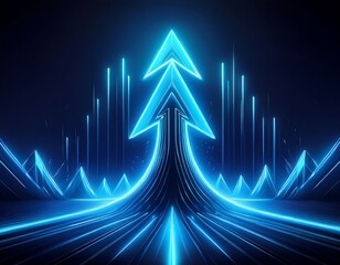 Wall Mural - An abstract, futuristic design of an upwards glowing blue arrow signifies growth, success, and progress. Lines converge forming an upward path and additional surrounding vertical beams enhance the for