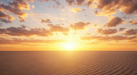 Wall Mural - Golden Hour Serenity: The radiant sun descends, painting the sky with vibrant hues above a textured landscape, the essence of peace and warmth.