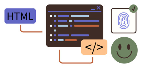 Screen displaying code editor with HTML and programming tags, fingerprint verification, and happy face. Ideal for programming, web development, security, user interface, digital design, software