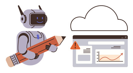 Smiling robot holding oversized pencil next to cloud and analytic interface with rising graph. Ideal for AI innovation, cloud computing, education, creativity, analytics, data processing, futuristic
