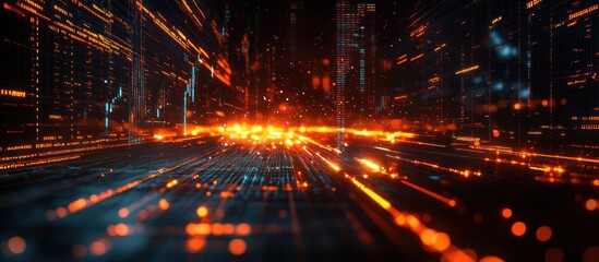 Wall Mural - Futuristic city glowing with vibrant orange and blue digital streams.