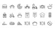 © Paula - Food icon set restaurant delivery. Cooking, kitchen, dining line icons. Burger, pizza, menu, chef hat, scooter, table, pot. Vector outline symbols. Fast food, takeaway, culinary graphic elements.