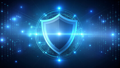 Digital shield icon surrounded by glowing lights and binary code, representing cybersecurity and data protection.