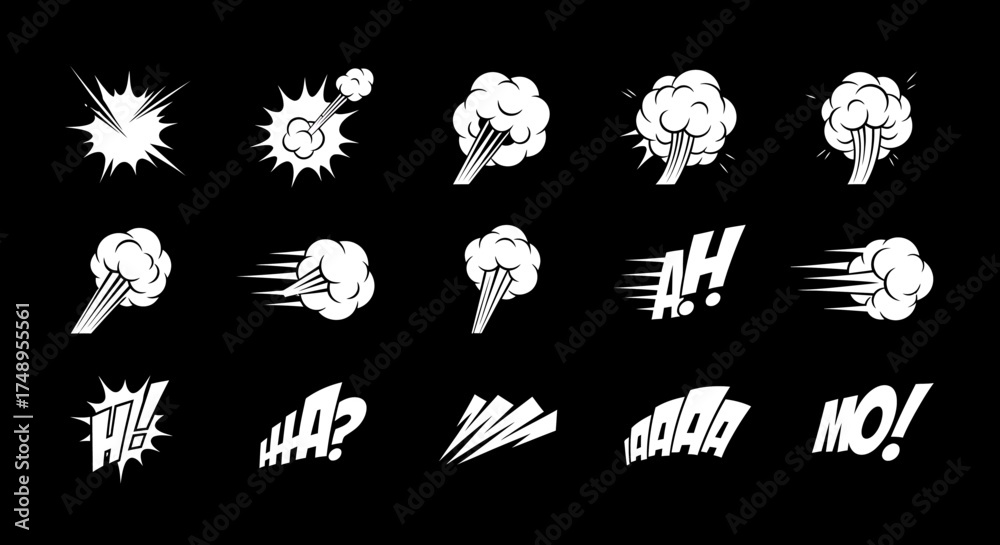 Puff Sound Effect A collection of comic book style elements including explosions, smoke ...