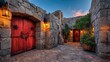© Putra - Red wooden doors set within a stone archway.