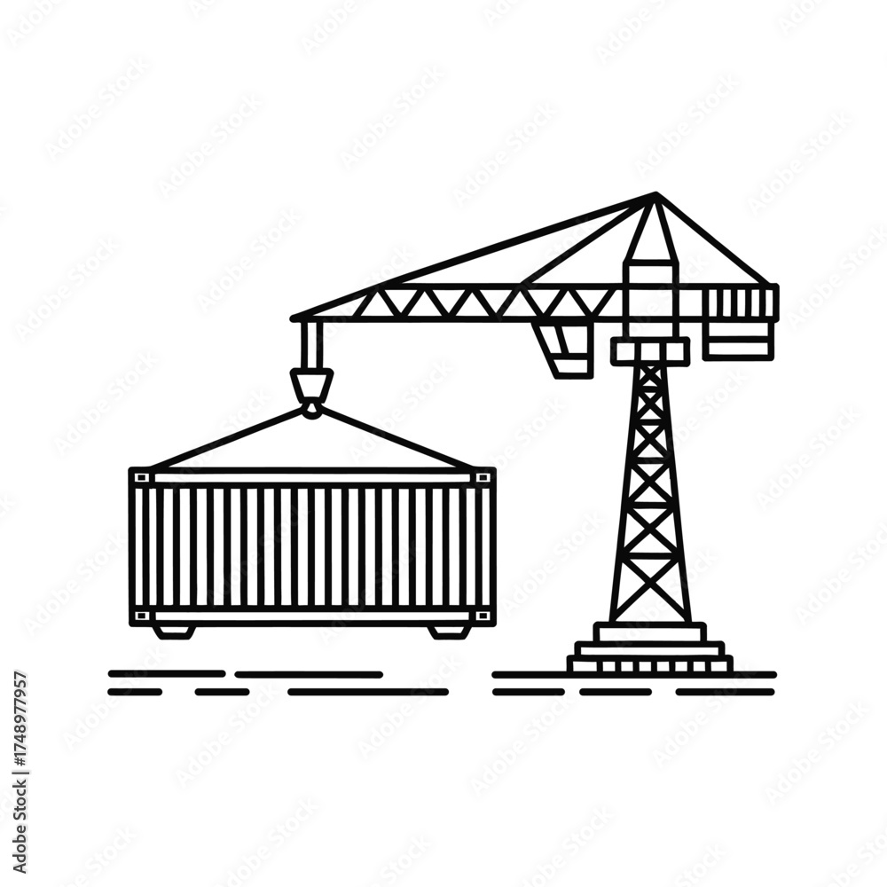 Shipping Containger Rope Tower Black outline of a tower crane lifting a shipping container cargo ...
