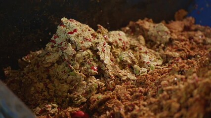 Wall Mural - Close-up of apple pomace left after juice extraction. Fibrous fruit pulp mixed with skins and seeds, showing a byproduct of cider or juice production in agriculture or food industry.