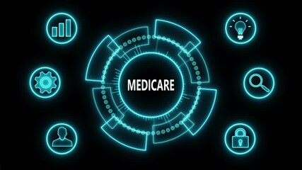 Glowing Neon line MEDICARE business and technology concept. Financial success concept on virtual screen. Business, Technology, Internet and networking concept. 4k video