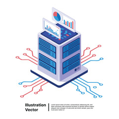 Data server with charts on screen and data transmission routes illustration