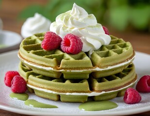 Wall Mural - matcha waffles topped with whipped cream and raspberries
