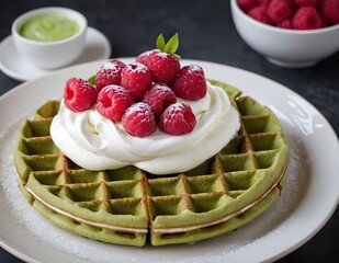 Wall Mural - matcha waffles topped with whipped cream and raspberries