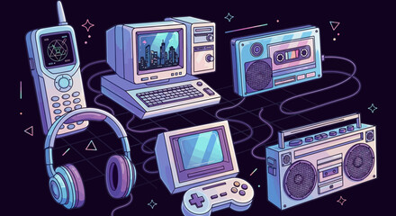 Retro Technology A Nostalgic Illustration of Vintage Electronics, from the 80s and 90s