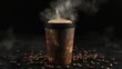 © Zeva - Steaming coffee in rustic disposable cup on dark background. Possible use Stock photo for coffee shop, food, or beverage