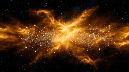 Wall Mural - The image has a vibrant, textured background dominated by orange and gold hues, overlaid with a network of interconnected white lines and nodes amidst a backdrop of stars.