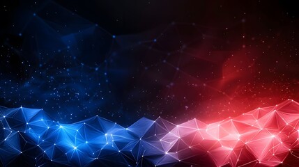 Wall Mural - The image displays an abstract digital landscape with a blend of cool blue and warm red tones, connected by a network of glowing lines and dots, set against a dark gradient backdrop.