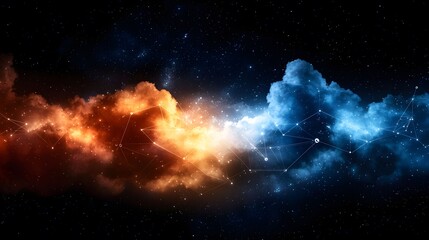 Wall Mural - The image showcases a stunning cosmic scene with nebula-like formations, one in fiery orange and the other in cool blue, interconnected by a network of glowing white lines.