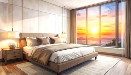 Wall Mural - Modern bedroom interior with a stunning sunset view through large windows, creating a warm ambiance