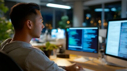 Young asian male programmer focused on coding in modern office at night