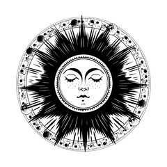Wall Mural - Black and white solar face with a circular pattern of lunar phases. Vector engraving on a white background. Vector illustration featuring astronomy, astrology, and celestial phenomena.
