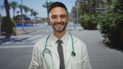 Young hispanic man in white coat with stethoscope smiles outdoors on urban city street with palm trees.