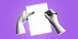 © Logvin art - Trendy halftone banner with hands holding pen and empty sheet of paper. To do or checklist. Modern retro style.Contemporary collage for design template. Vector illustration