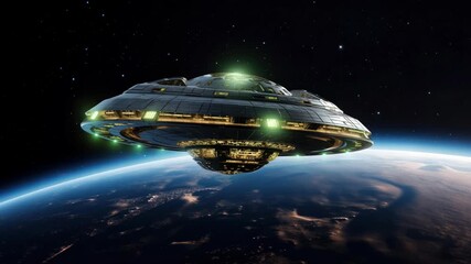 Wall Mural - Futuristic spaceship hovers above Earth, captured from a low-angle view. The video-style image showcases a sci-fi theme with cosmic elements. Live desktop wallpaper.