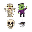© agiepoanx - Set of four adorable cartoon Halloween monster icons including a mummy, Frankenstein's monster, a skull, and a spider