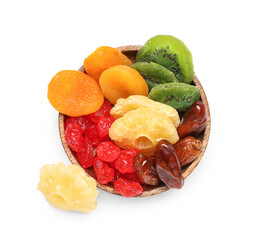 Wall Mural - Wooden bowl with different candied fruits on white background