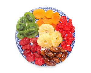 Wall Mural - Plate with different candied fruits on white background