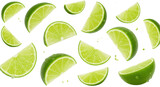 Dynamic bright green lime wedges, juicy, translucent pulp and zest, with glistening moisture, falling mid-air on a transparent background with copy space, concept for refreshing beverage