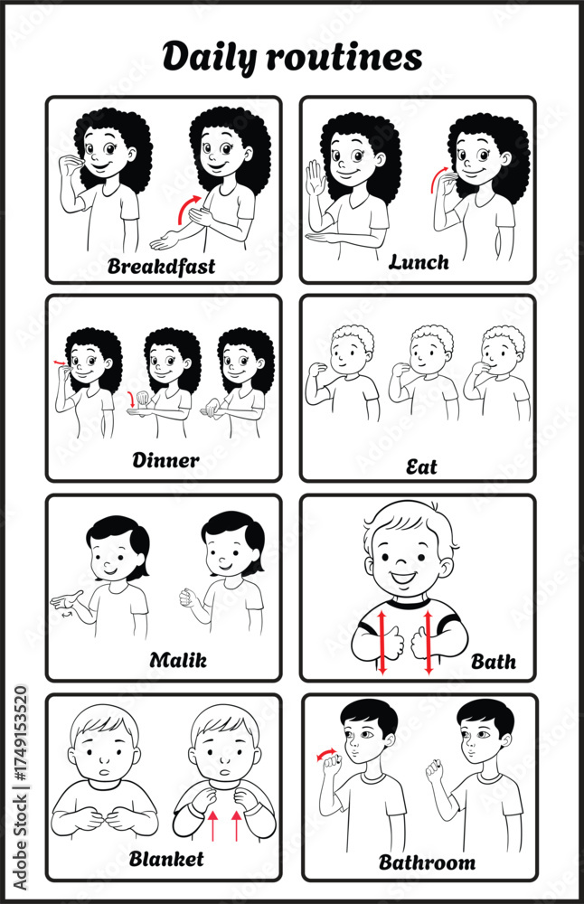 ASL signs flash cards for the daily routine Stock Vector | Adobe Stock