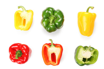 Wall Mural - Many fresh colorful bell peppers on white background