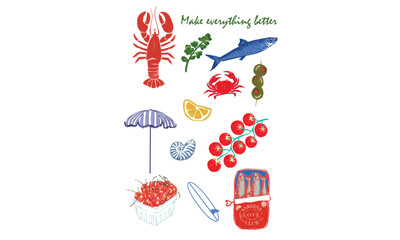 Wall Mural - Lobster, sardine, olive, crab, tomato, seashell, cherry, umbrella, surf board, lemon artwork for t shirt print, poster, sticker and other uses.