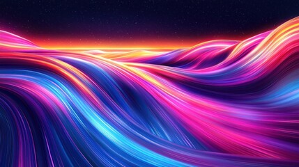Wall Mural - Flowing vibrant waves under a starry sky and glowing horizon