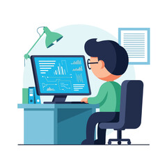 Man Working at Computer, Data Analysis, Office Illustration