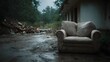 © Bussakon - An abandoned armchair sits outside a derelict building amidst debris under an overcast sky conveying a sense of desolation