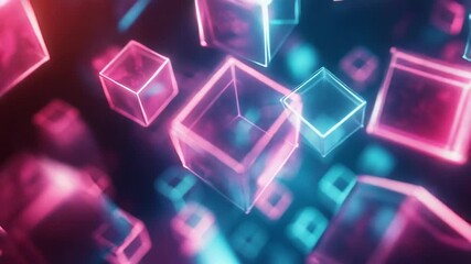 Wall Mural - Glowing futuristic glass cubes floating in neon light