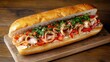 © vachiraphan - Long Baguette Sandwich with Ham, Tomato, and Herbs on Wooden Board, Delicious Lunch or Snack, Close Up