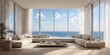 © David - Modern living room interior design with large window overlooking ocean view