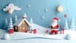 © Bloom - Santa in snowy landscape with cabin, pine trees, red lanterns, and glowing lamp in festive winter scene.
