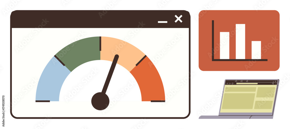 Speedometer Analytics Speedometer gauge transitioning from green to red, bar chart for ...