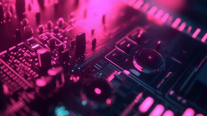 Wall Mural - Electronics circuit board glowing with neon cyberpunk lights